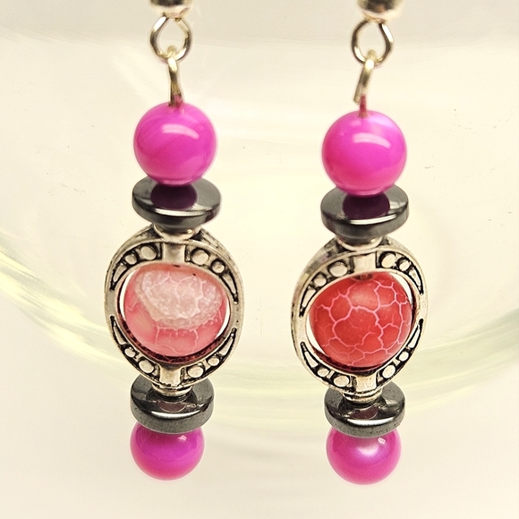 Pink and Silver Beaded Earrings - Picture 2 of 3